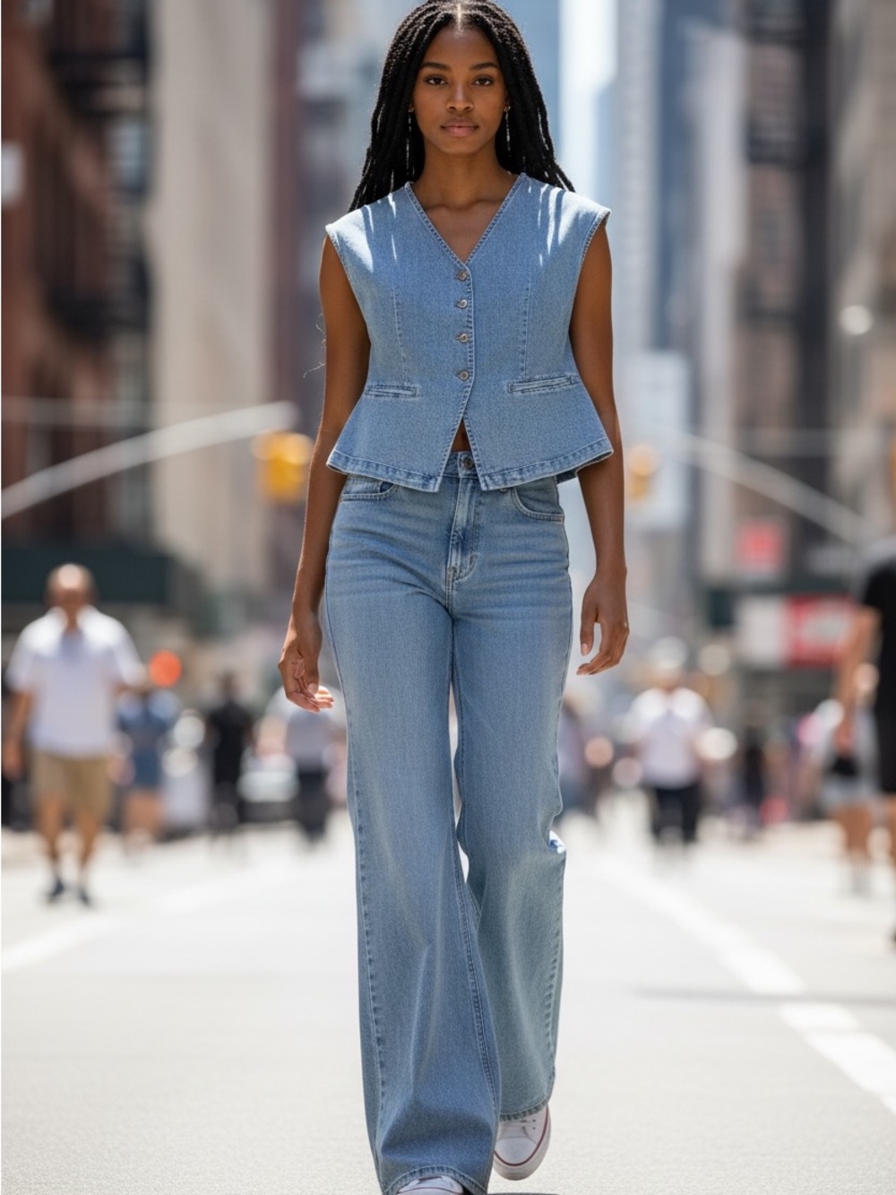 2 Piece Set- High-Rise Wide-Leg Jeans and Vest in lightweight cotton denim Med